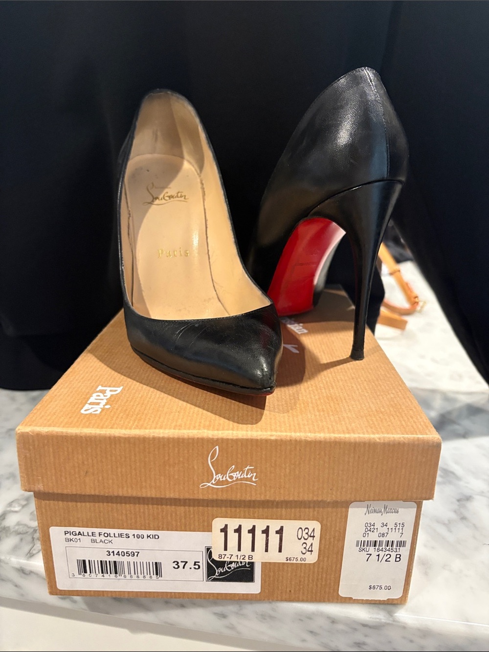 Christian Louboutin Black Leather Pointed-Toe Stiletto Pumps with Red Sole